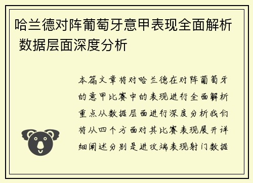 哈兰德对阵葡萄牙意甲表现全面解析 数据层面深度分析