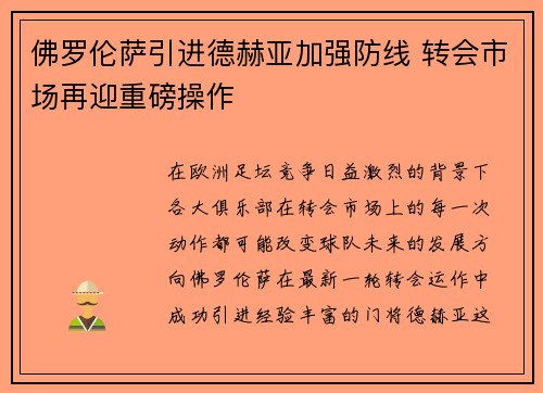 佛罗伦萨引进德赫亚加强防线 转会市场再迎重磅操作 佛罗伦萨引进德赫亚加强防线 转会市场再迎重磅操作